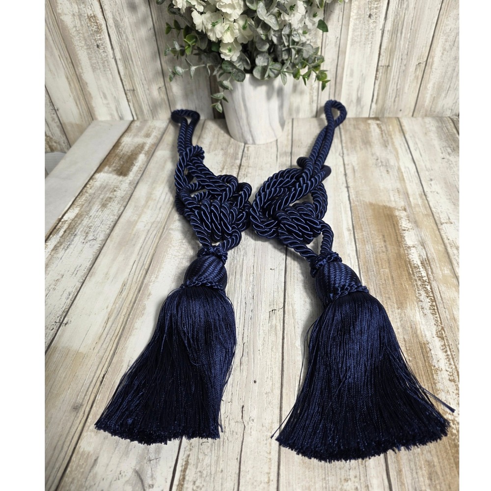 Navy Blue Braided Rope Curtain Tiebacks Pair with Large Tassels and Knots